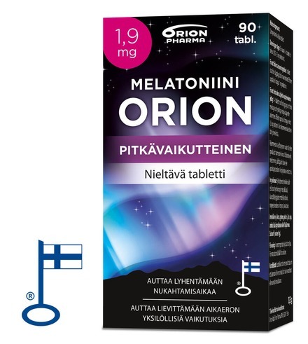 Melatoniini Orion 1 9 Mg 90 Tabl Pitkavaikutteinen Paketti Oikealta RGB Web Flag