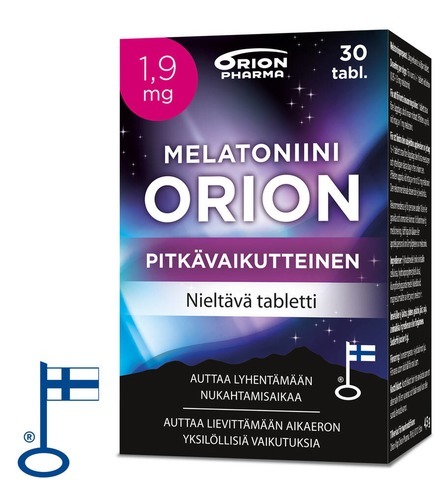 Melatoniini Orion 1 9 Mg 30 Tabl Pitkavaikutteinen Paketti Oikealta RGB Web Flag