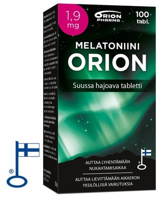 Melatoniini Orion 1-9mg 100 Tabl Hajoava Paketti Vasemmalta RGB Flag
