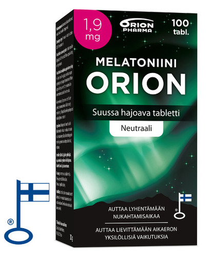 Melatoniini Orion 1 9mg Neutraali 100tabl vasemmalta RGBL flag