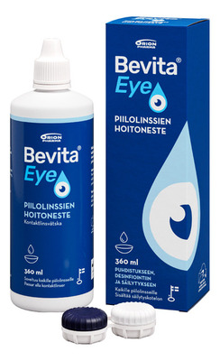 Bevita Eye piilolinssien hoitoneste 360 ml kotelo ja pullo web RGB trim jpg