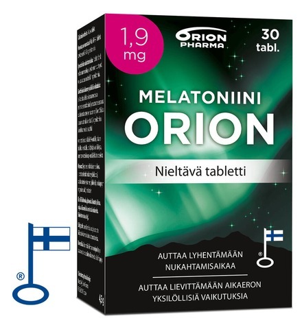 Melatoniini Orion 1-9mg 30 Tabl Nieltava Tab Paketti Vasemmalta RGB Flag